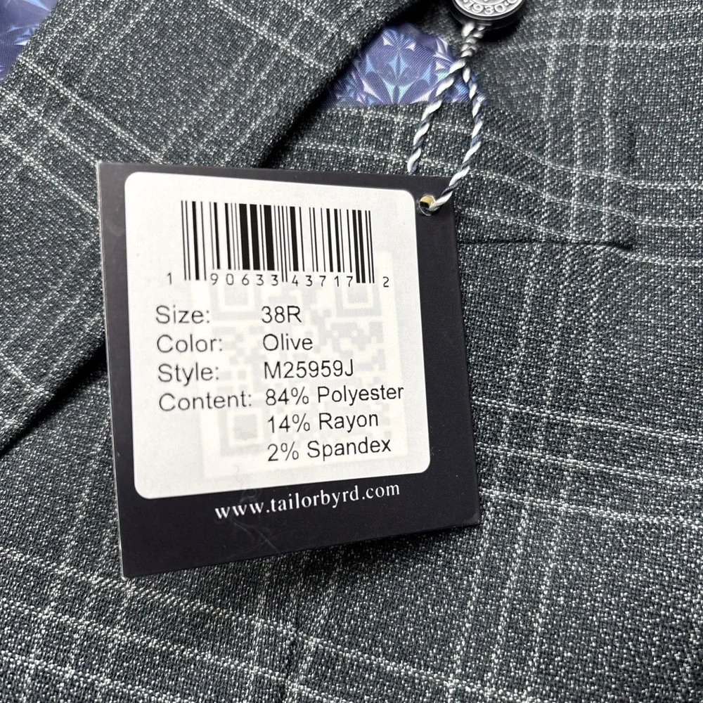Tailorbyrd Sport Coat Mens Size 38R Olive‎ Plaid Notch Lapel Blazer Jacket